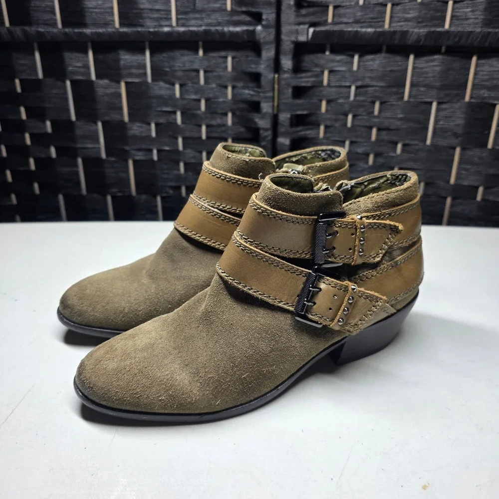 Sam Edelman Pippen Olive Green Suede Leather Moto Ankle Boots Sz. 4M Buckle Boho